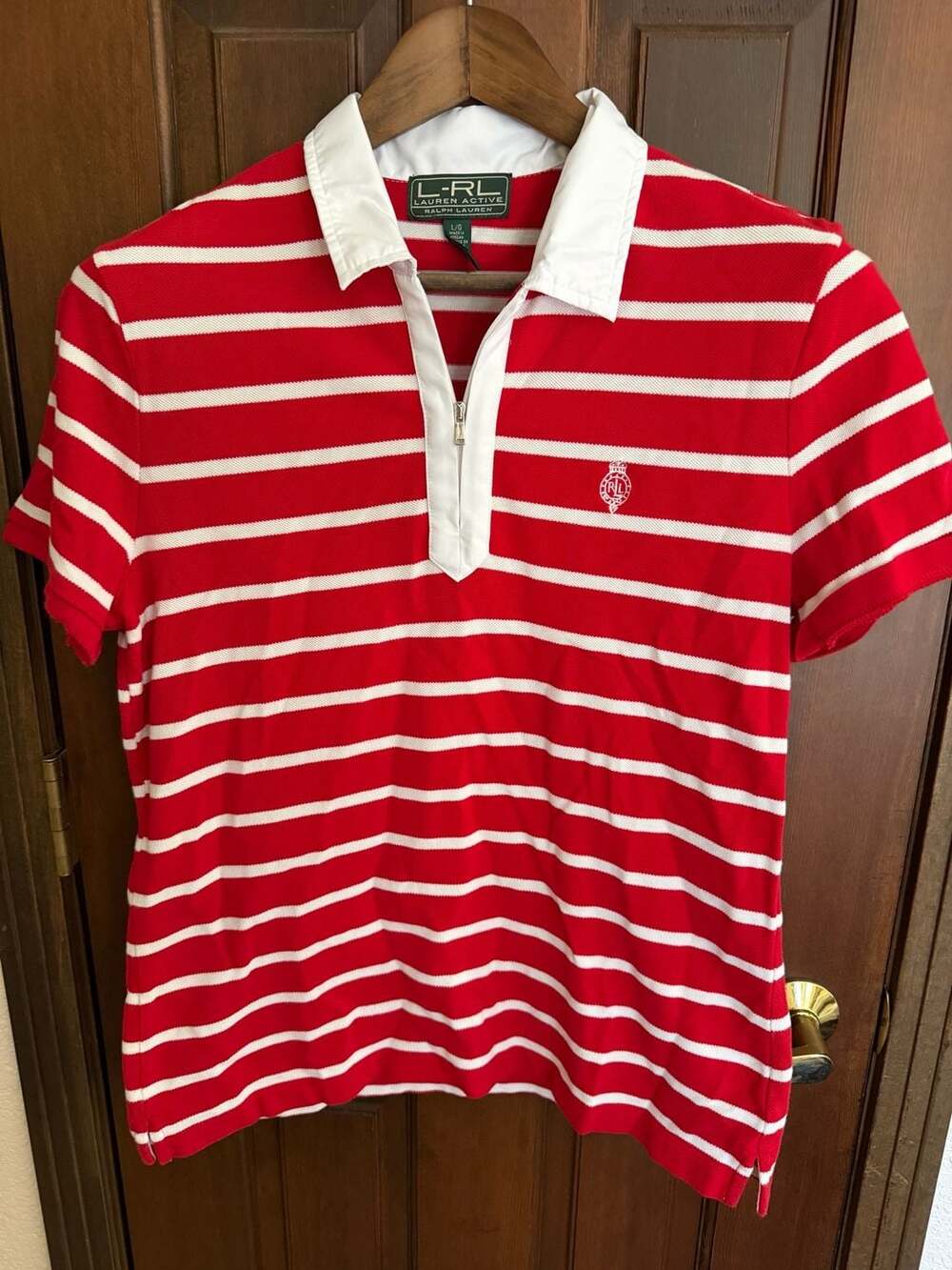 Lauren Active Ralph Lauren Red and White Striped Zip-Front Polo Shirt Size L/G